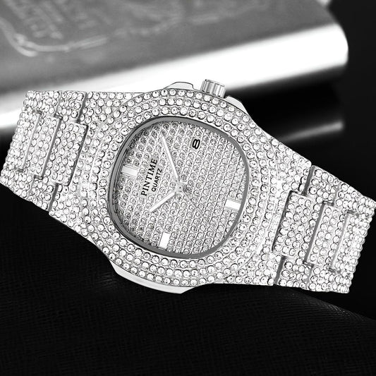 Luxury watch with a diamond-studded band on a dark background