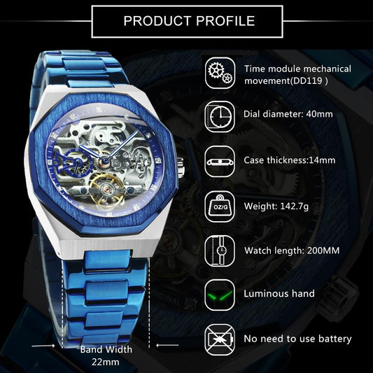 Blue mechanical watch with detailed specifications on a dark background