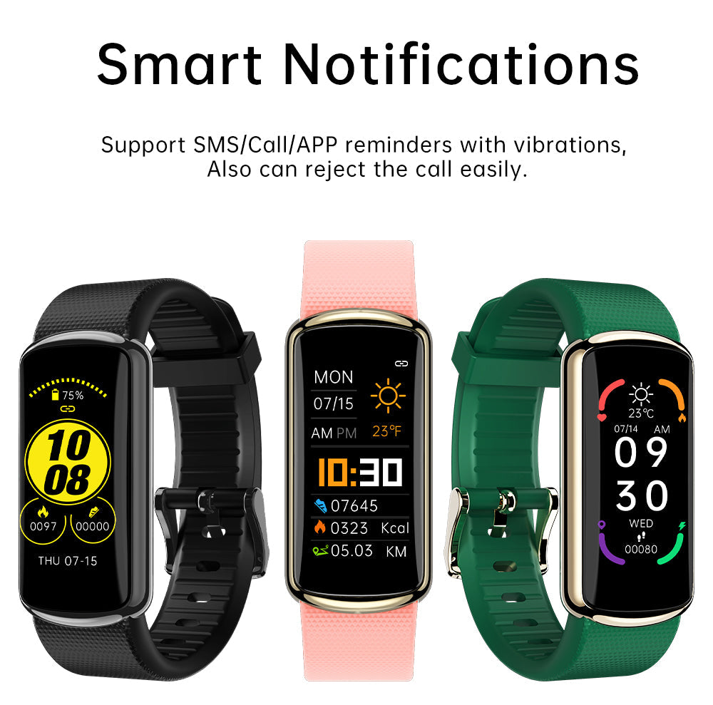 Three smartwatches with different colored bands on a white background, displaying various information.
