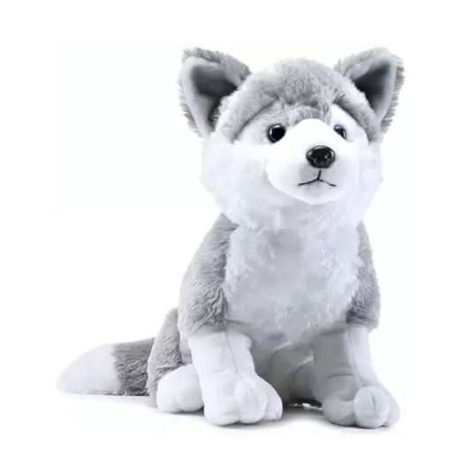 Plush toy wolf sitting on a white background