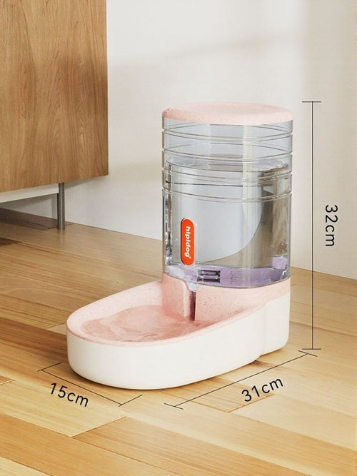 Pet water fountain with dimensions on a wooden floor