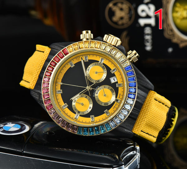 Luxury watch with a yellow strap and gemstone bezel on a black background