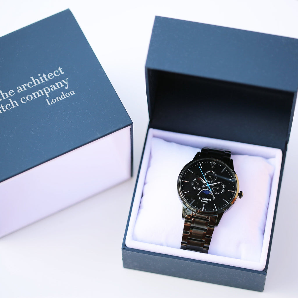 Watch in a branded box with 'The Architect Watch Company' on a white background