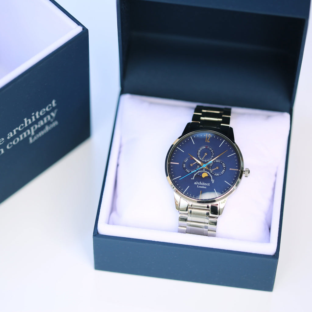 Watch in a blue box with visible brand name