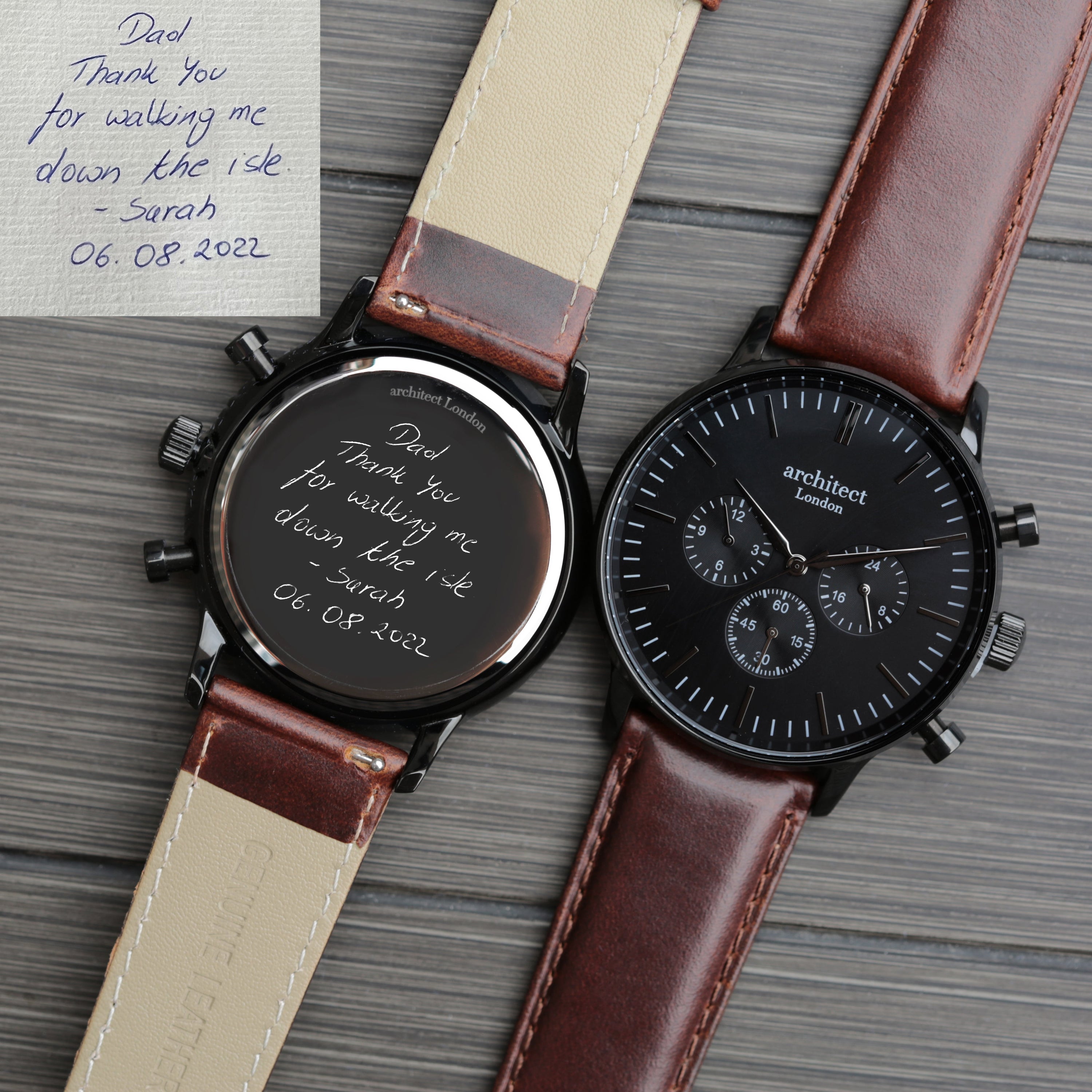 Two watches with brown straps on a textured surface, one with a handwritten note.