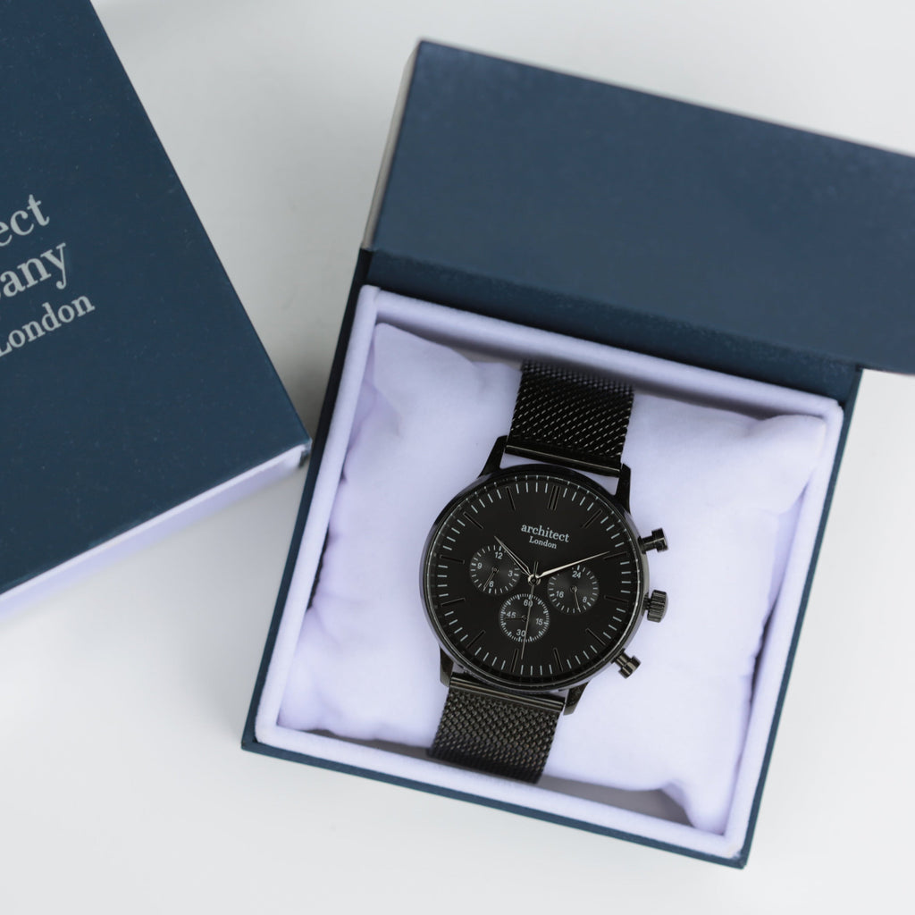 Black watch in a box with 'Architect Company London' branding