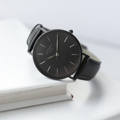 Modern Font Engraving - Men's Minimalist Watch + Jet Black Strap