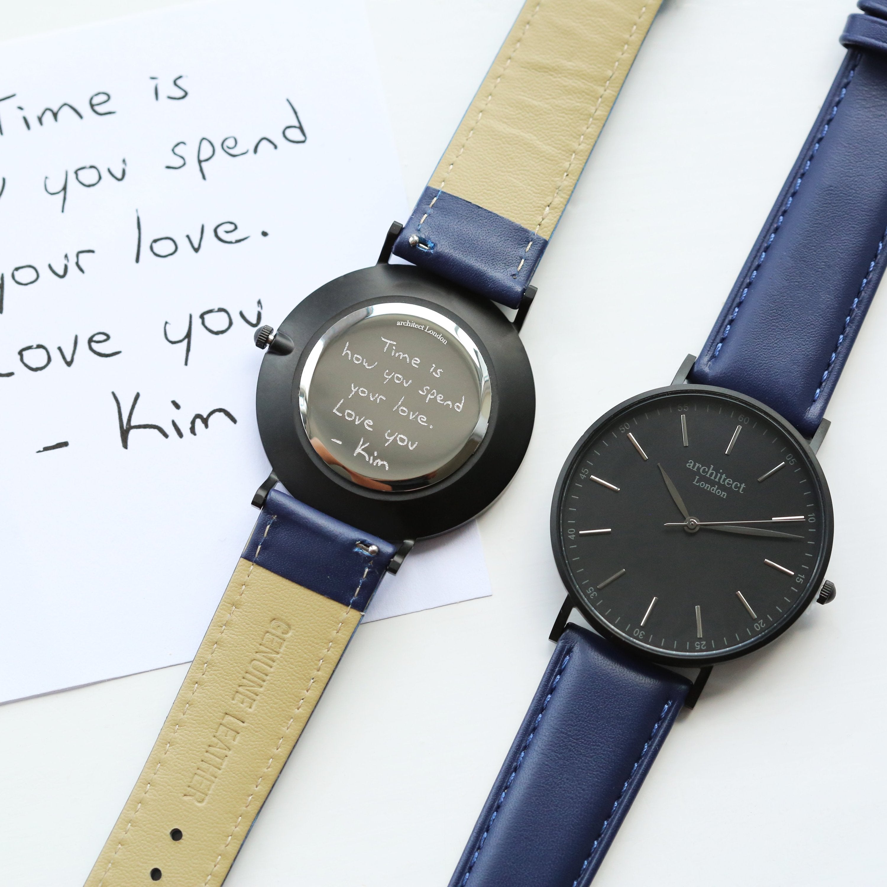 Two watches with blue and beige straps on a white background with a quote.