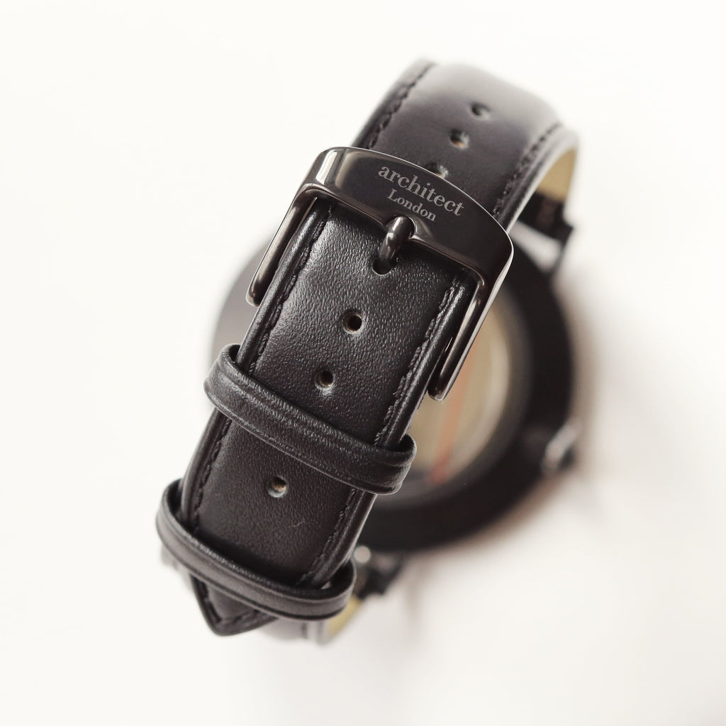 Black leather watch strap with 'architect London' branding on a white background

