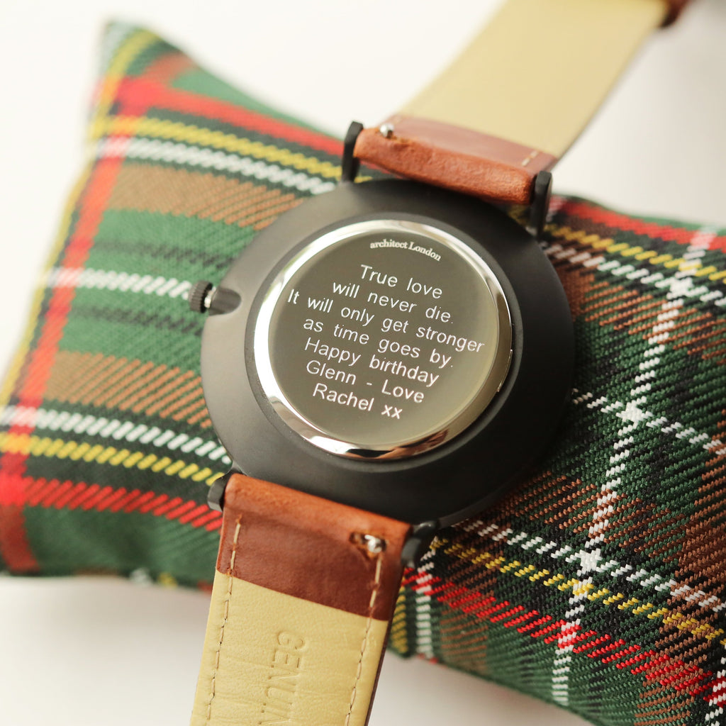 Smartwatch with a message on its screen against a plaid fabric background