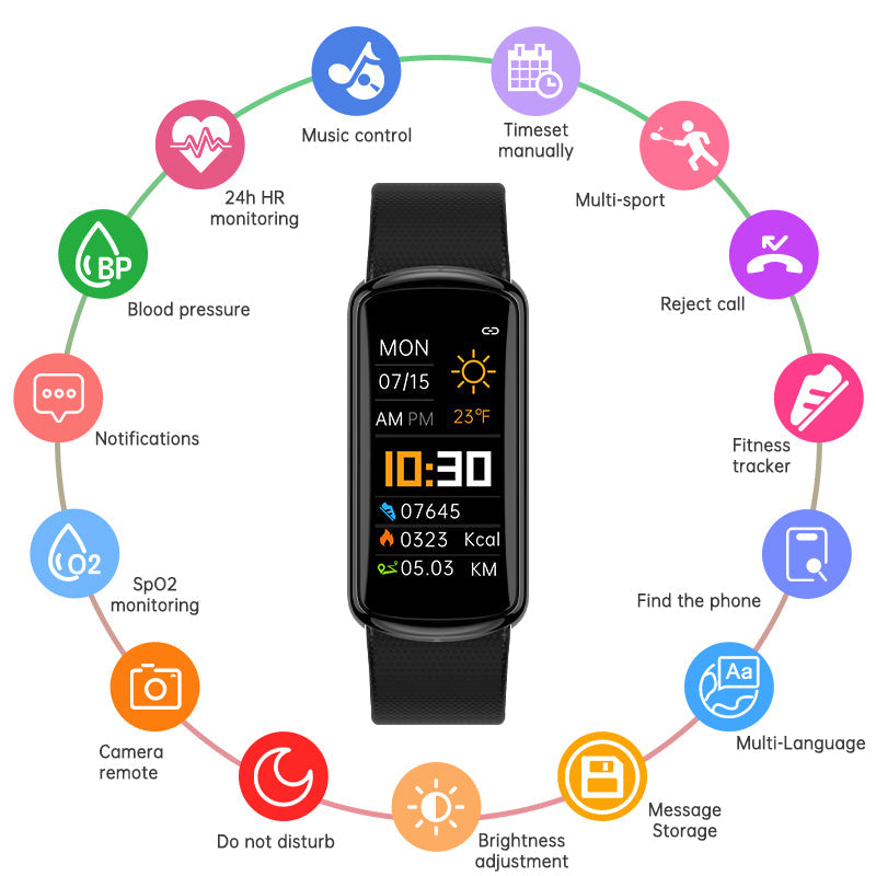 Smartwatch with various functions displayed on a white background