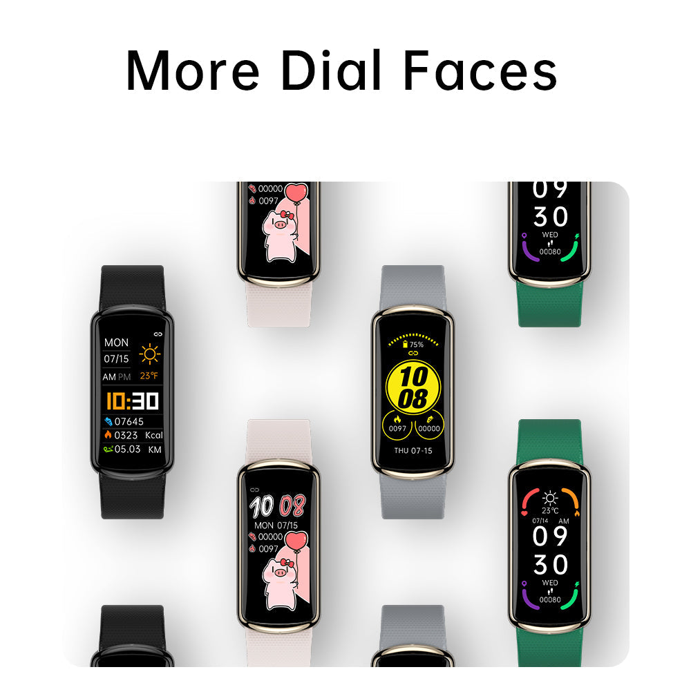 Collection of smartwatches with different dial faces on a white background