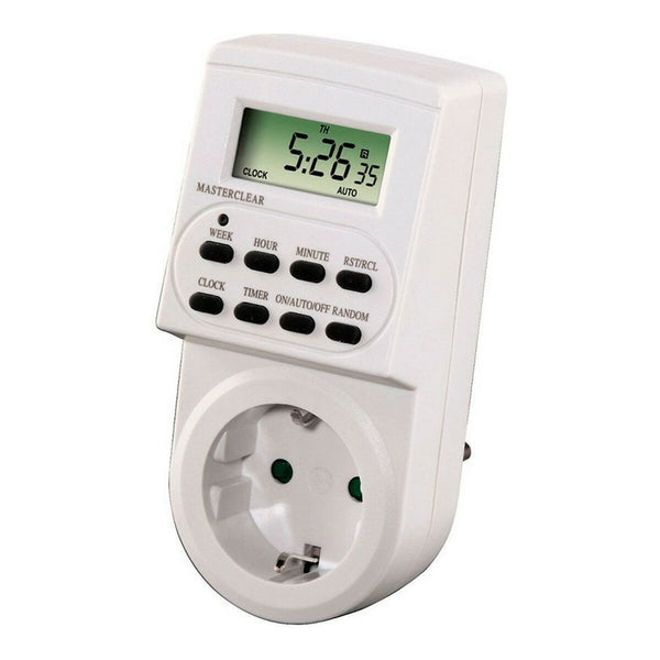 Digital timer with a white base and green display on a white background