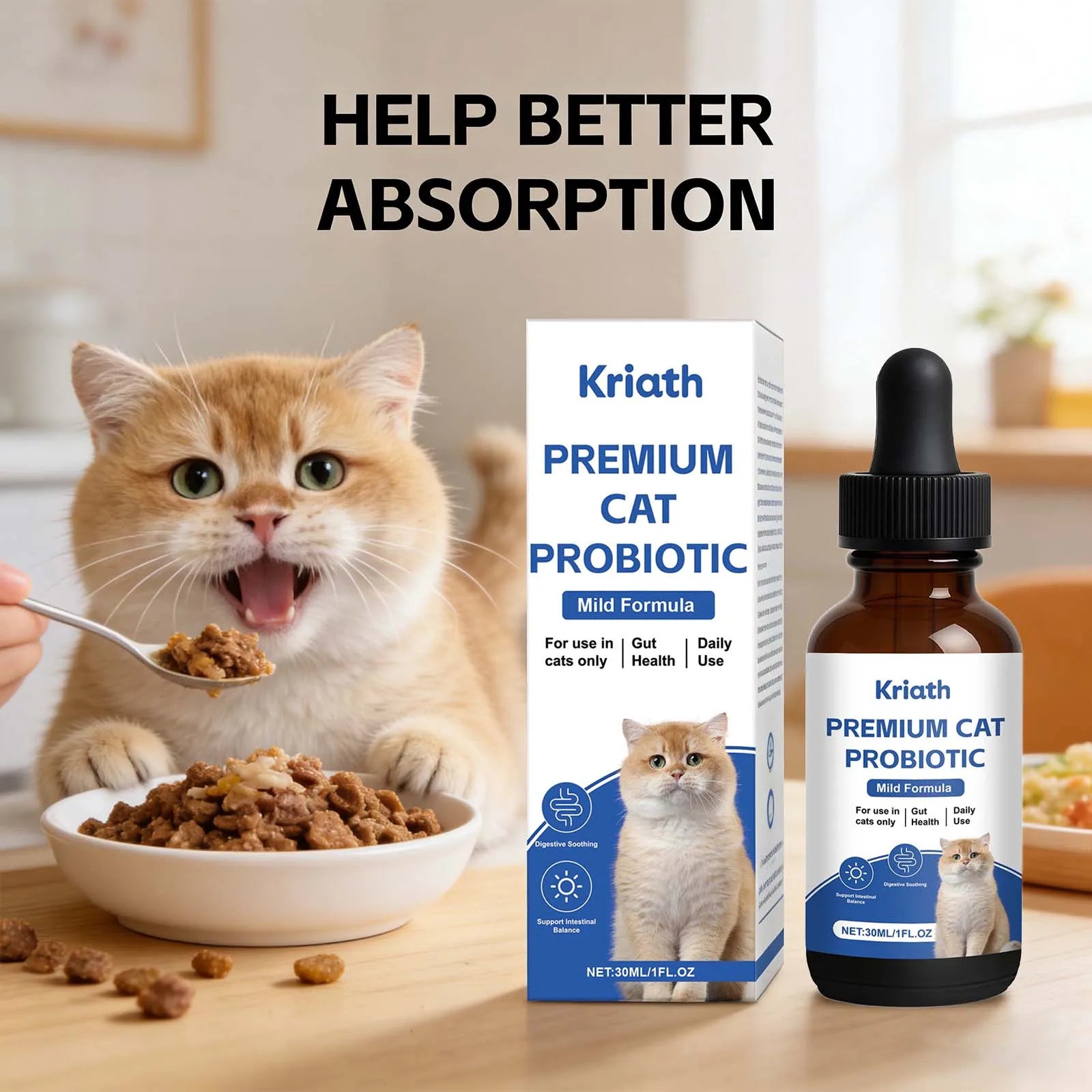 Cat eating from a bowl with Kriath Premium Cat Probiotic packaging and bottle in the background.