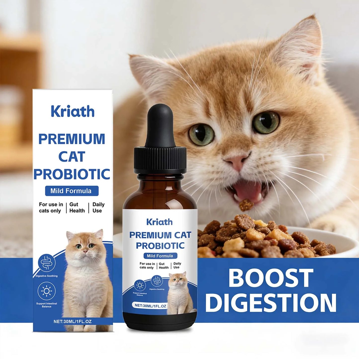 Cat probiotic product with a cat and food in the background