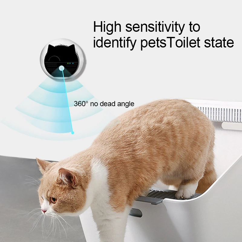 Cat using a pet toilet with text indicating high sensitivity to identify pets' toilet state.
