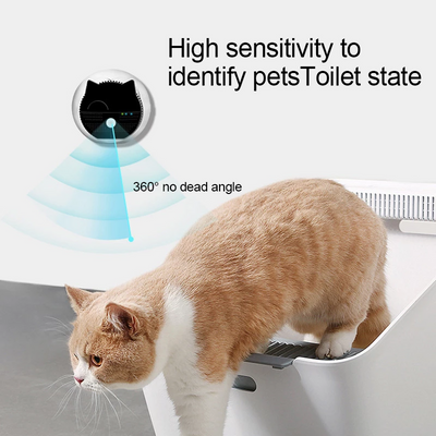 Cat using a pet toilet with text indicating high sensitivity to identify pets' toilet state.