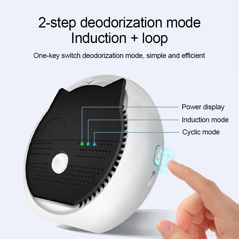 Deodorization device with 2-step mode and power display, shown with a hand pressing a button.