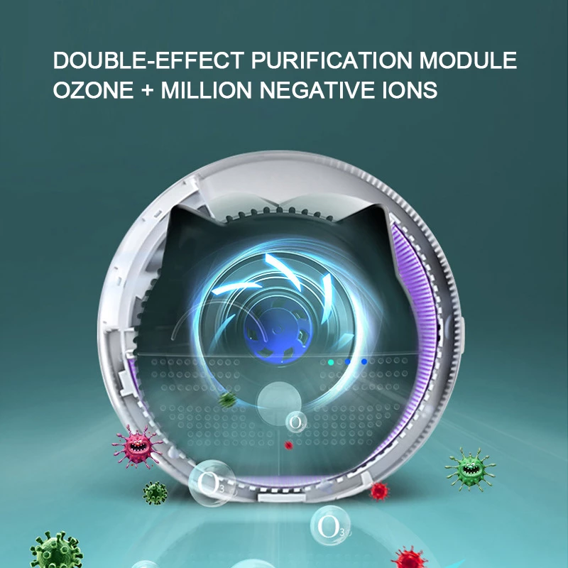 Double-effect purification module with ozone and negative ions on a teal background

