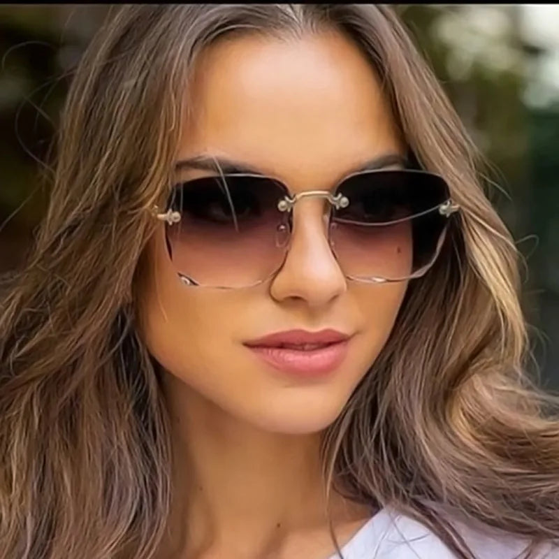 3PCS Square Rimless Sunglasses Women Luxury Brand Designer Summer Red