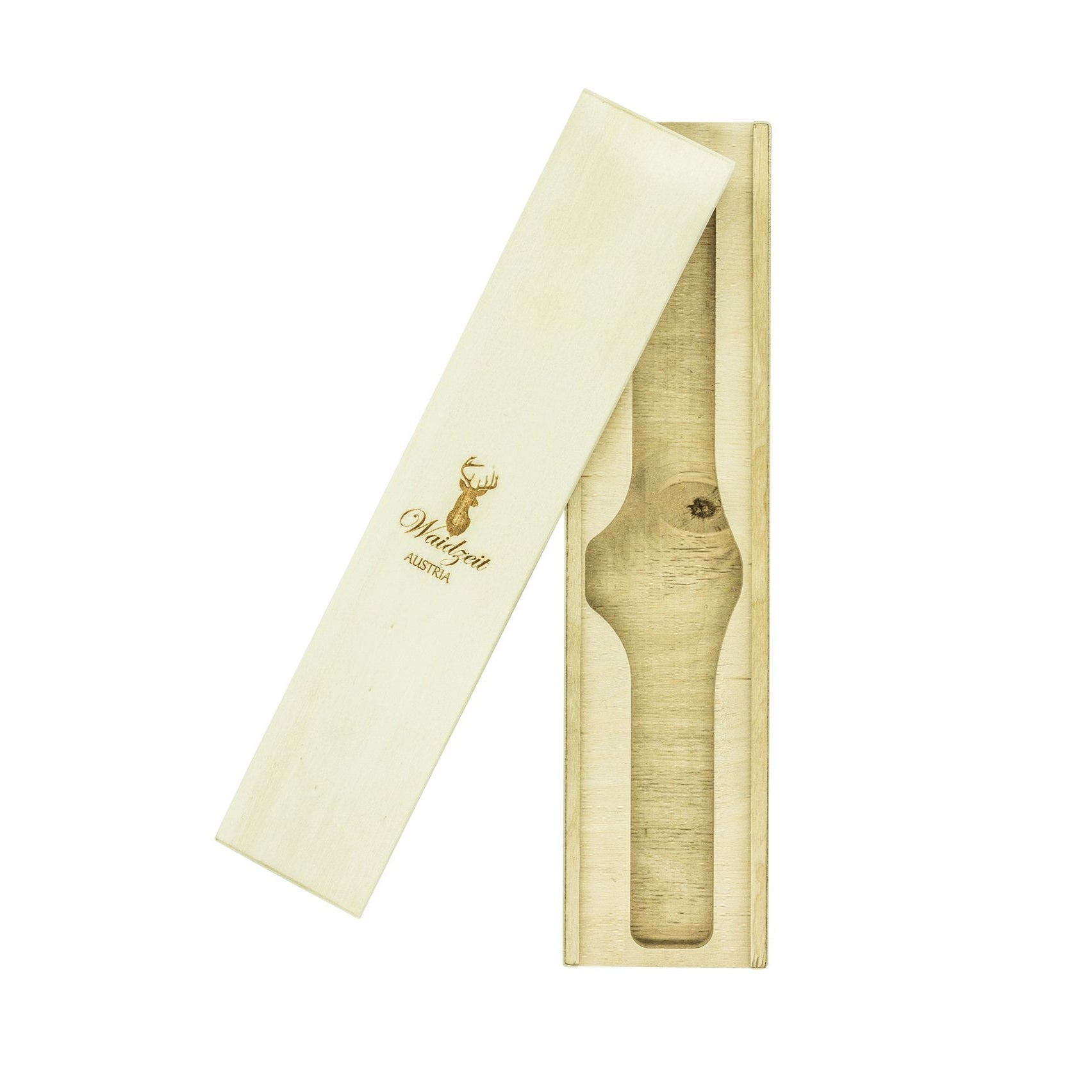 Wooden wine bottle stopper with a branded label on a white background