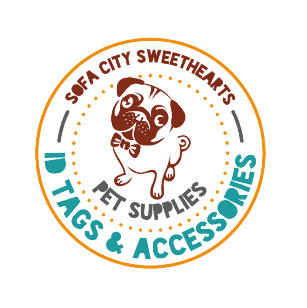 Logo of Sofa City Sweethearts with a pug illustration and text about pet supplies and accessories.