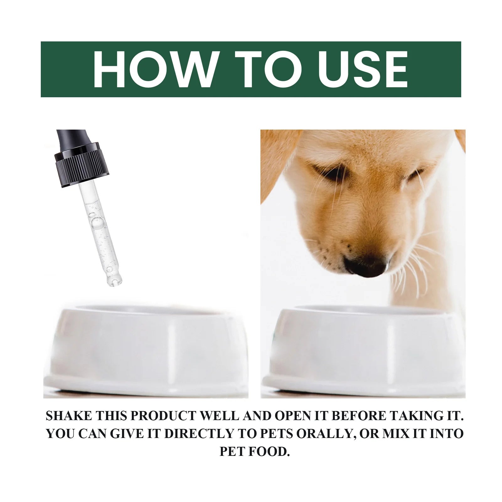 Instructions on how to use a pet product with a dropper and packaging, featuring a dog's face.