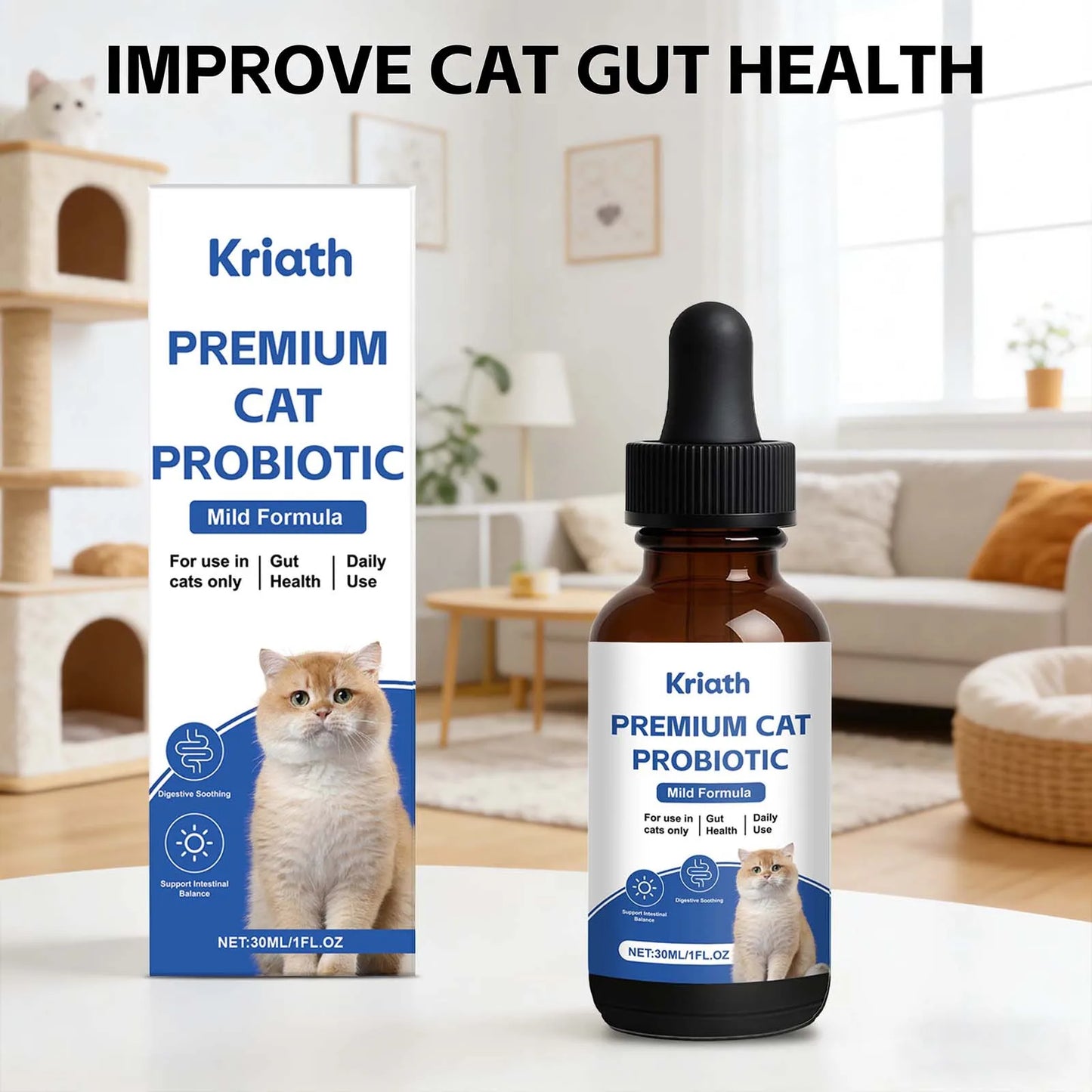 Kriath Premium Cat Probiotic bottle and packaging on a table with a cat-themed room in the background.