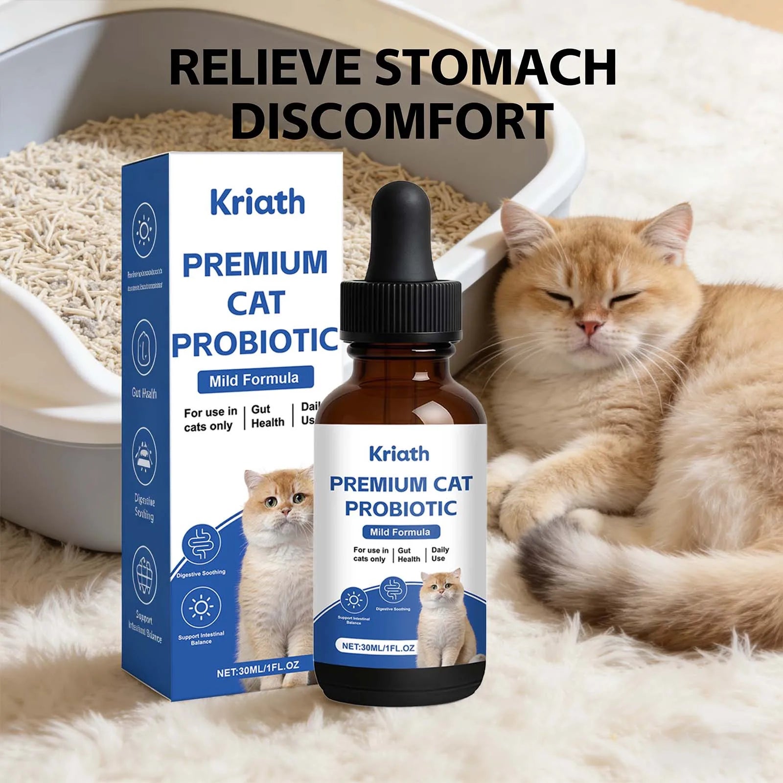 Kriath Premium Cat Probiotic bottle and packaging with a cat lying on a bed.