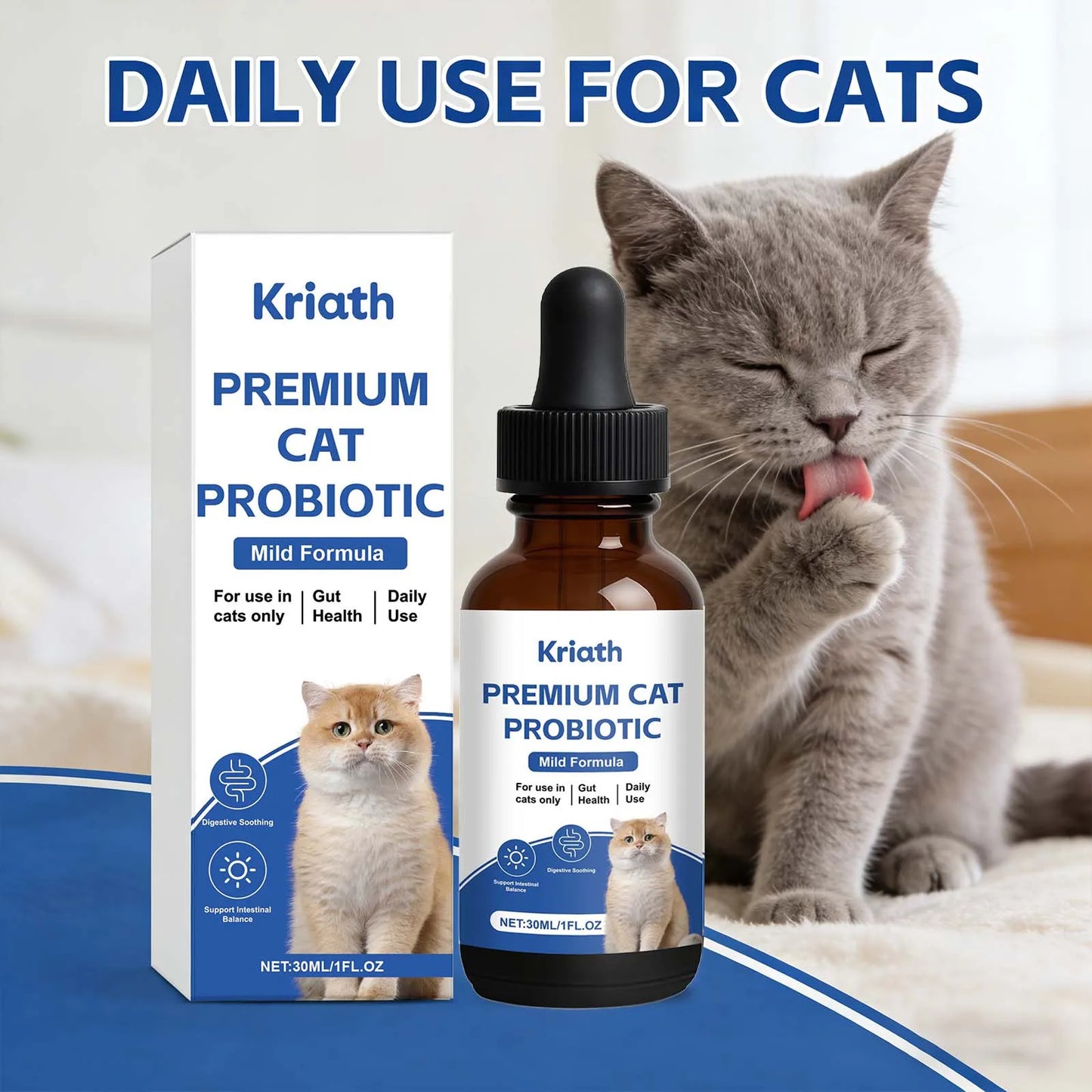 Kriath Premium Cat Probiotic with packaging and a cat licking its paw on a blue background.