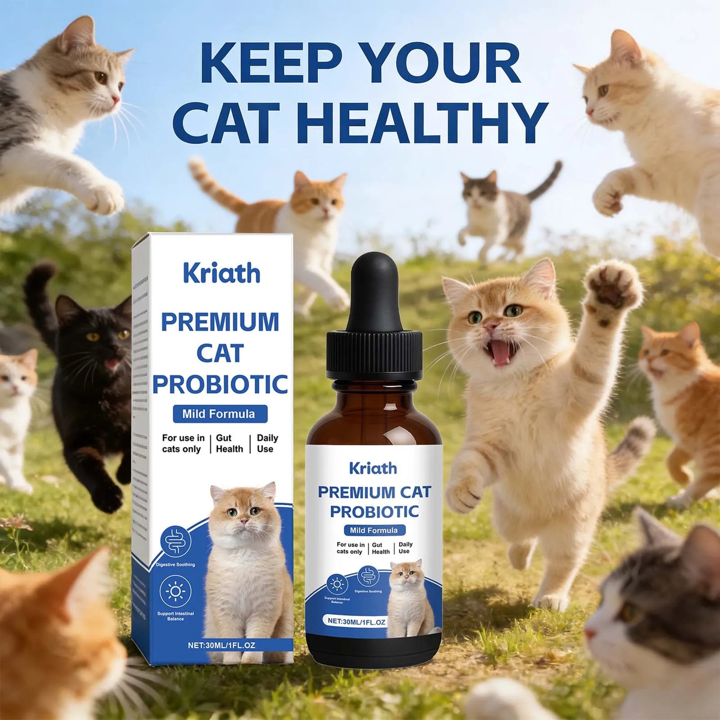 Kriath premium cat probiotic product with cats in the background