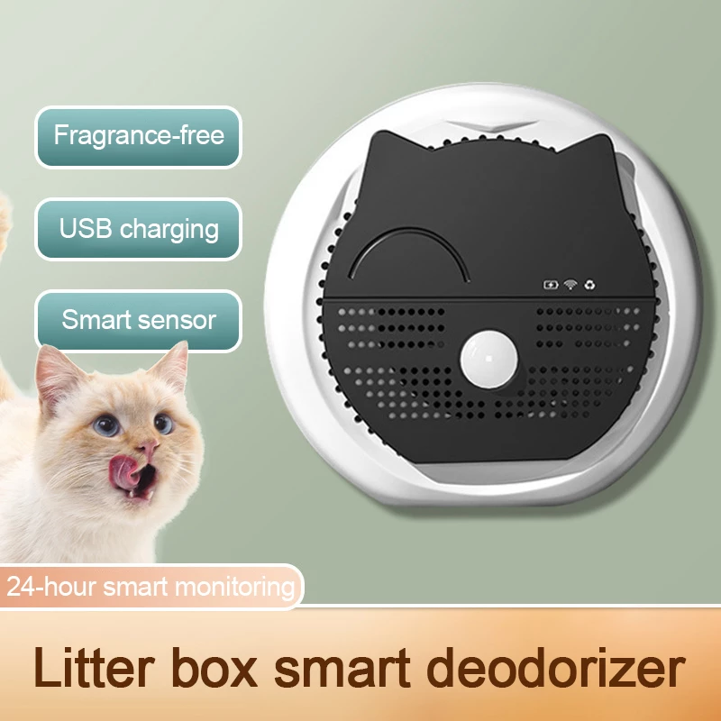 Litter box smart deodorizer with a cat and features listed on a light green background