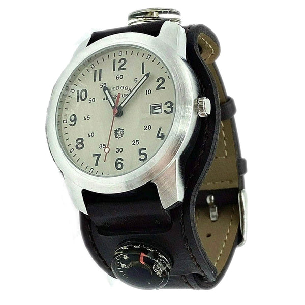 Wristwatch with black leather strap and silver case on a white background