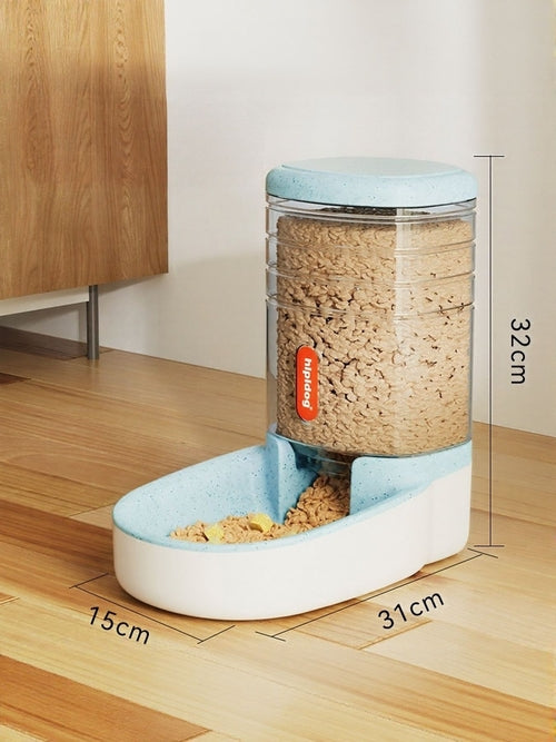 Pet food dispenser with measurements on a wooden floor