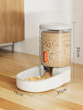 Pet food dispenser with measurements on a wooden floor