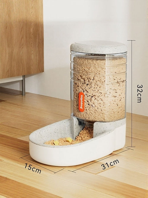Pet food dispenser with measurements on a wooden floor
