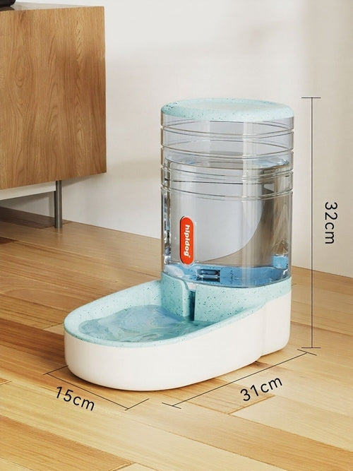 Pet water fountain with dimensions on a wooden floor