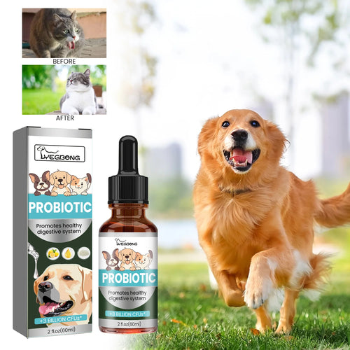 Probiotic product for pets with a dog and cat before and after images, and a dog outdoors.
