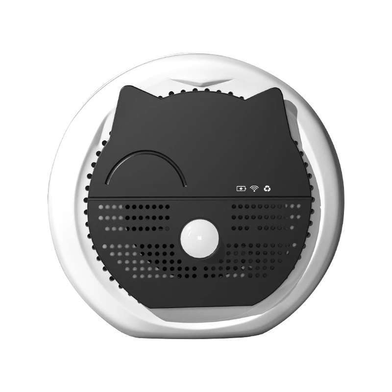 Robotic vacuum cleaner with cat-like design on a white background
