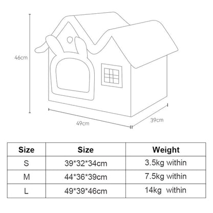 Dimensions and weight chart for a pet house with measurements in centimeters.