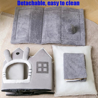 Gray pet bed with detachable cover on a wooden floor