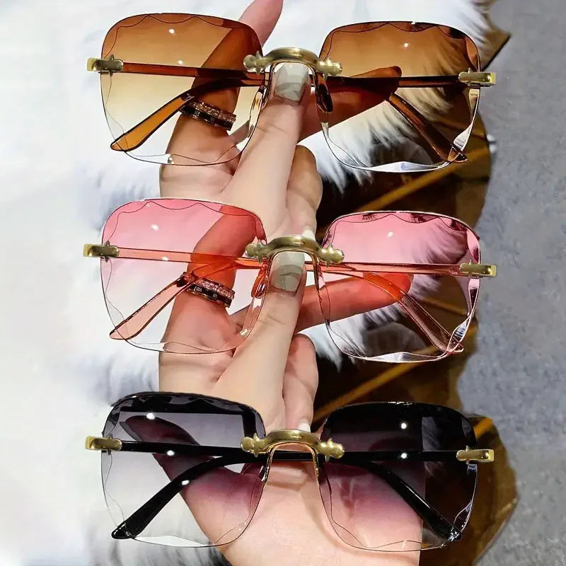 3PCS Square Rimless Sunglasses Women Luxury Brand Designer Summer Red