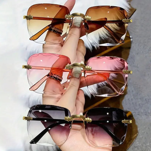 3PCS Square Rimless Sunglasses Women Luxury Brand Designer Summer Red