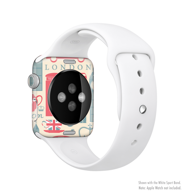 White Apple Watch band with a 'London' design on a white background