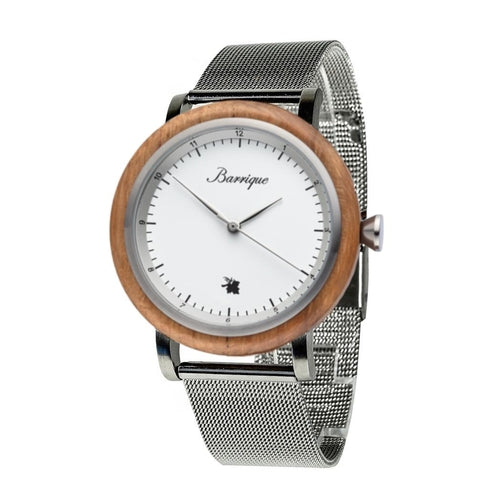 Watch with wooden face and silver mesh strap on white background