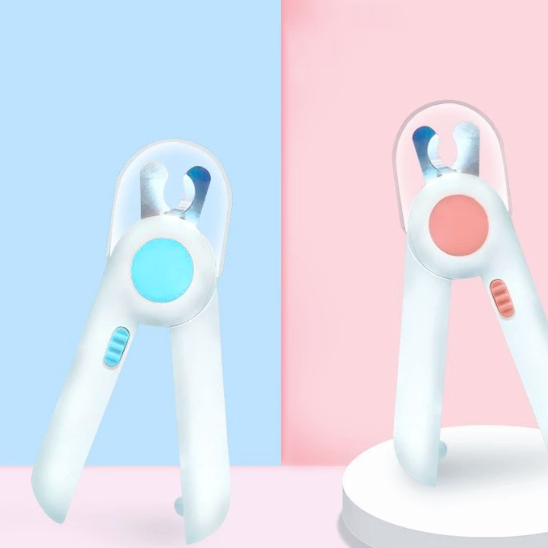 Two white and blue toothbrushes with pink and blue accents on a pastel background