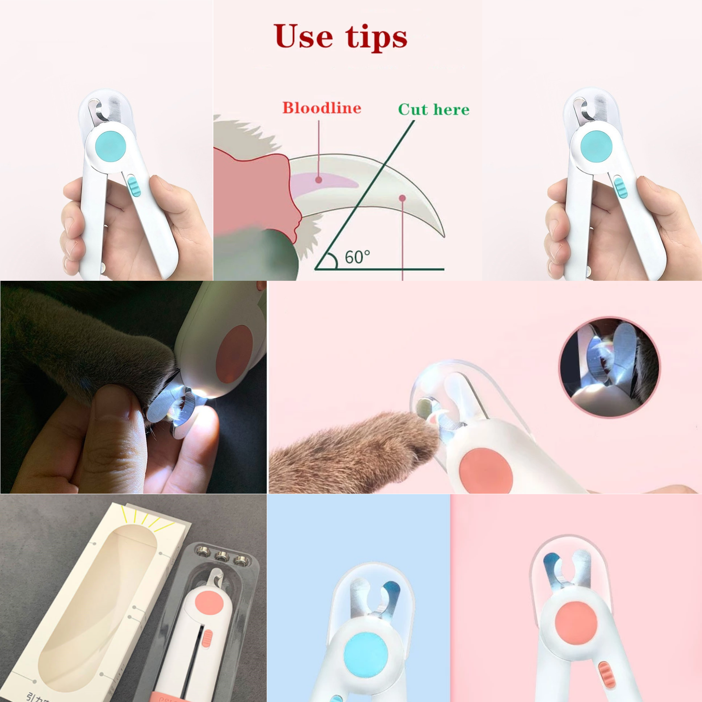 Collage of a pet nail trimmer with usage tips and close-up shots on a white background.