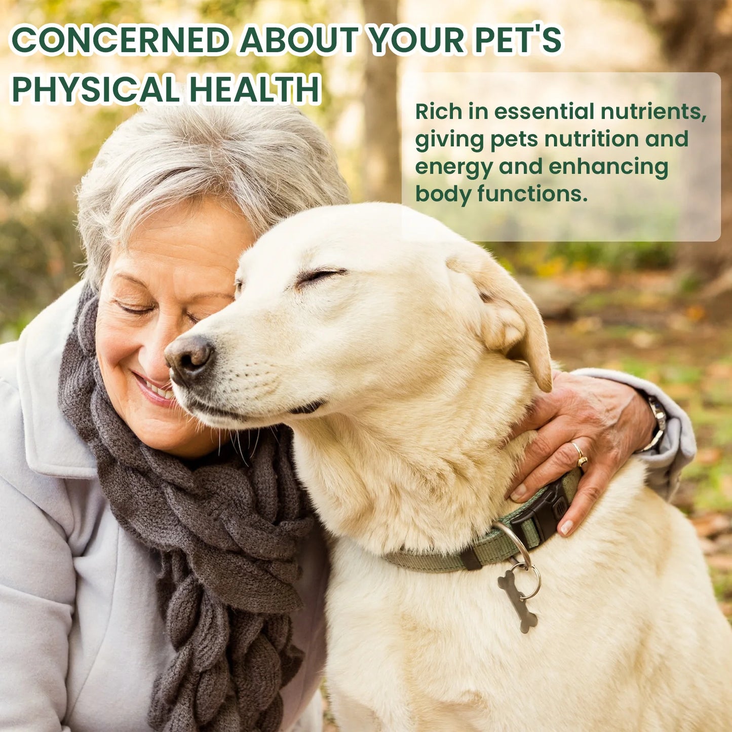 Woman hugging a white dog with text about pet nutrition.