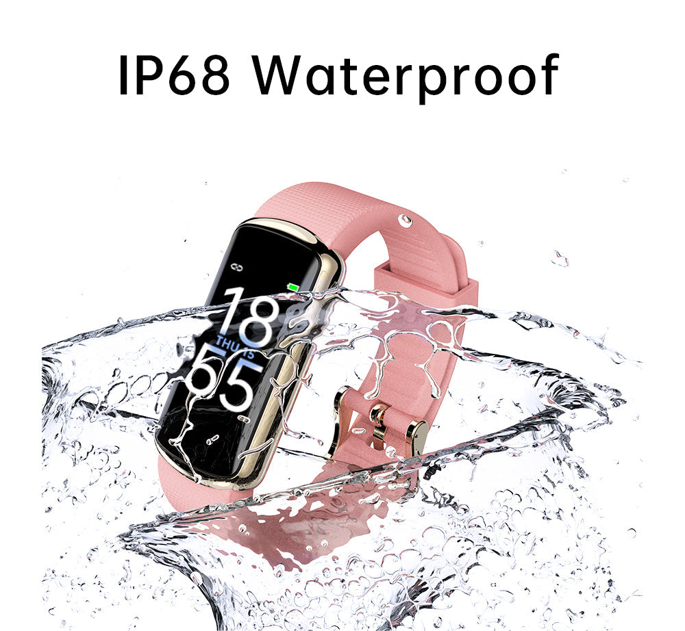 Smartwatch with pink band being submerged in water, emphasizing IP68 waterproof feature.