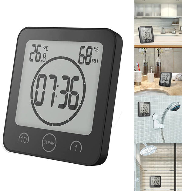 Digital clock with temperature and humidity display in a kitchen setting